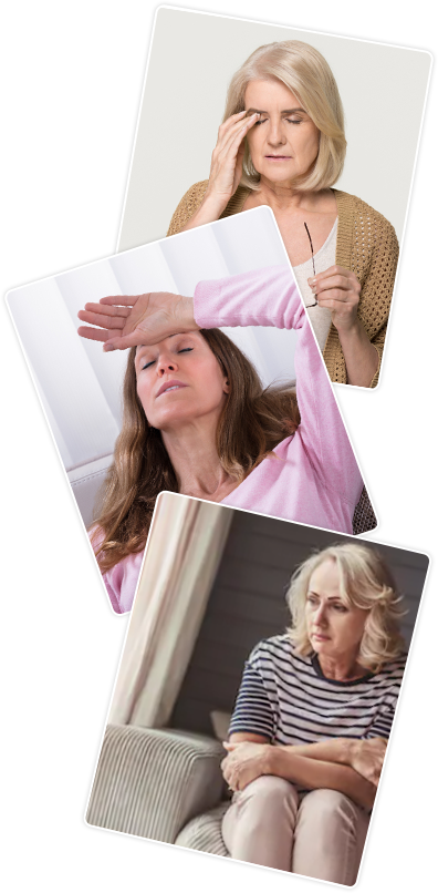 Three pictures of women in pain and worried
