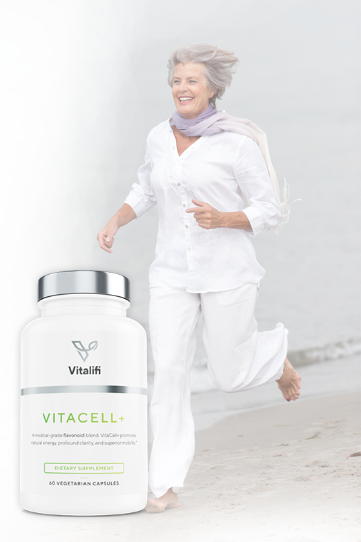 Older woman running on the beach and Vitacell+ bottle