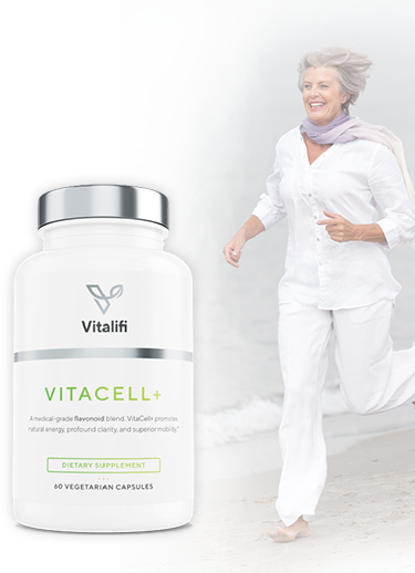 Older woman running on the beach and Vitacell+ bottle